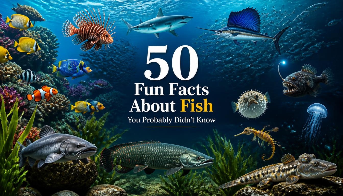 Colorful underwater scene featuring diverse fish species, including a shark, sailfish, lionfish, clownfish, catfish, pufferfish, anglerfish, and seahorse around a coral reef.