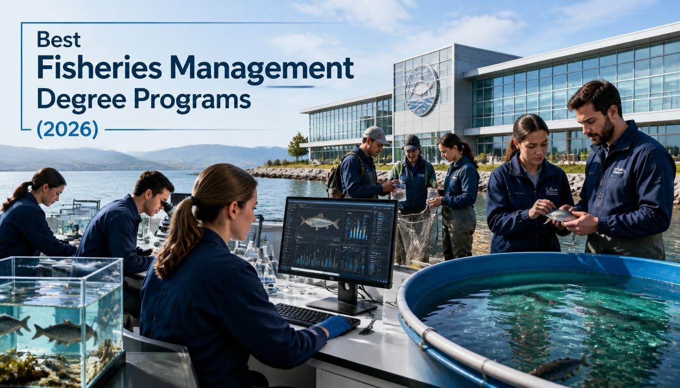 Fisheries management students and researchers studying fish in laboratory tanks, analyzing aquatic data, and conducting hands-on field research outside a modern university facility.