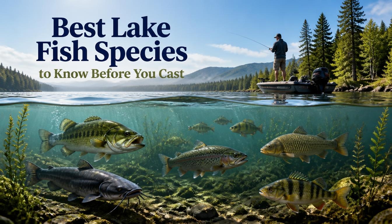 Angler fishing from a boat on a mountain lake with common lake fish species underwater, including bass, trout, catfish, carp, and perch.