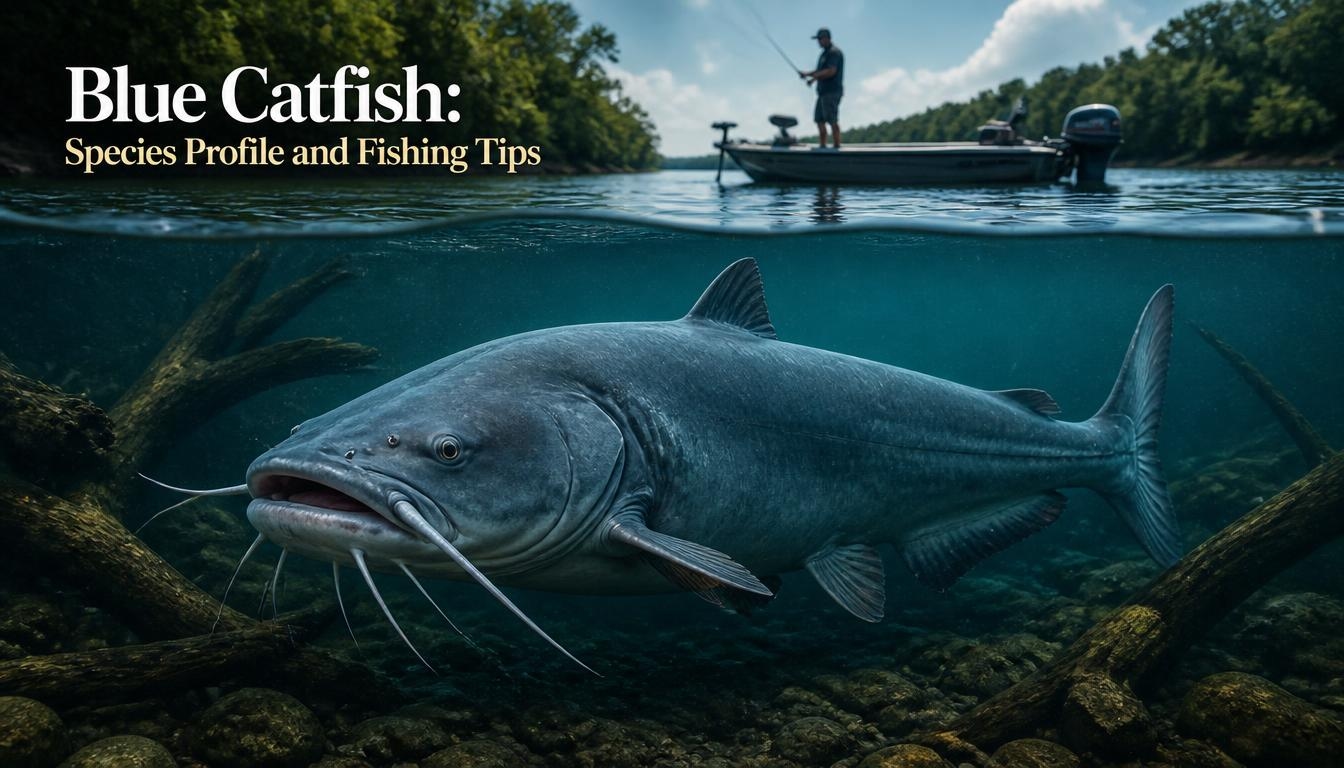 Large blue catfish swimming underwater in a freshwater river while an angler fishes from a boat above, illustrating the species profile and fishing tips.