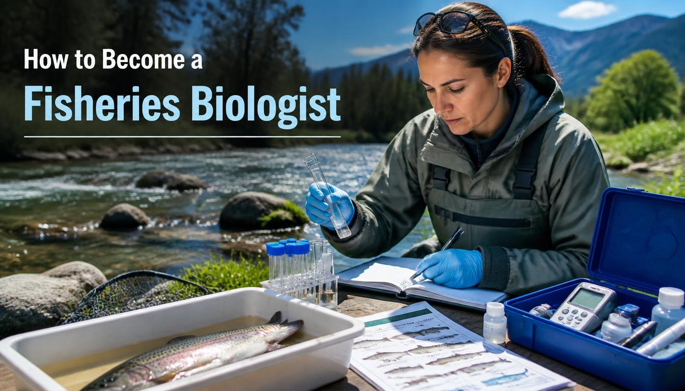 Fisheries biologist collecting water samples and recording field data beside a mountain river, with fish specimens and scientific testing equipment used for aquatic research.
