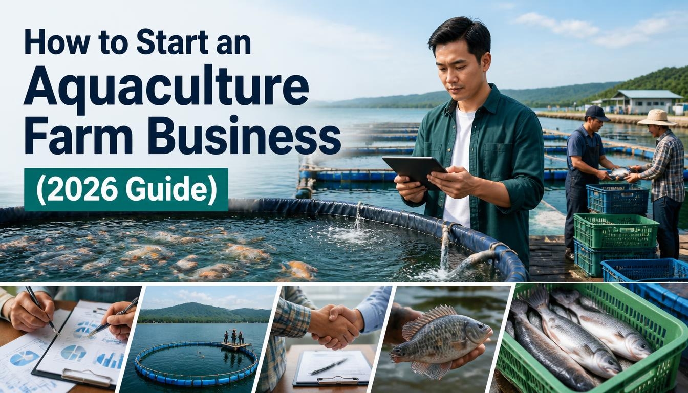 Entrepreneur reviewing a modern aquaculture farm with fish ponds, harvesting equipment, and business planning elements, representing how to start and operate a profitable fish farming business.
