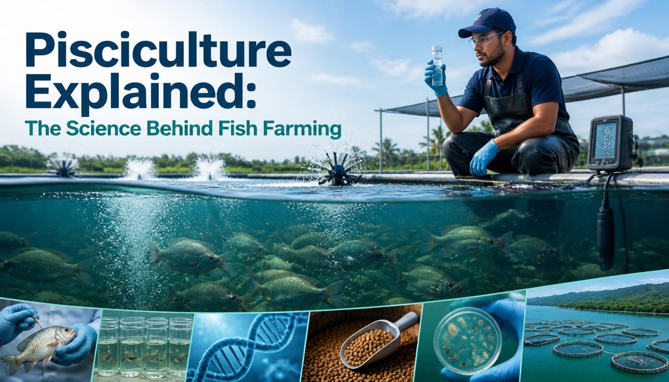 Modern fish farming facility with healthy fish in an aquaculture pond, water quality monitoring equipment, aeration systems, and a farmer studying the pond, illustrating the science behind pisciculture.