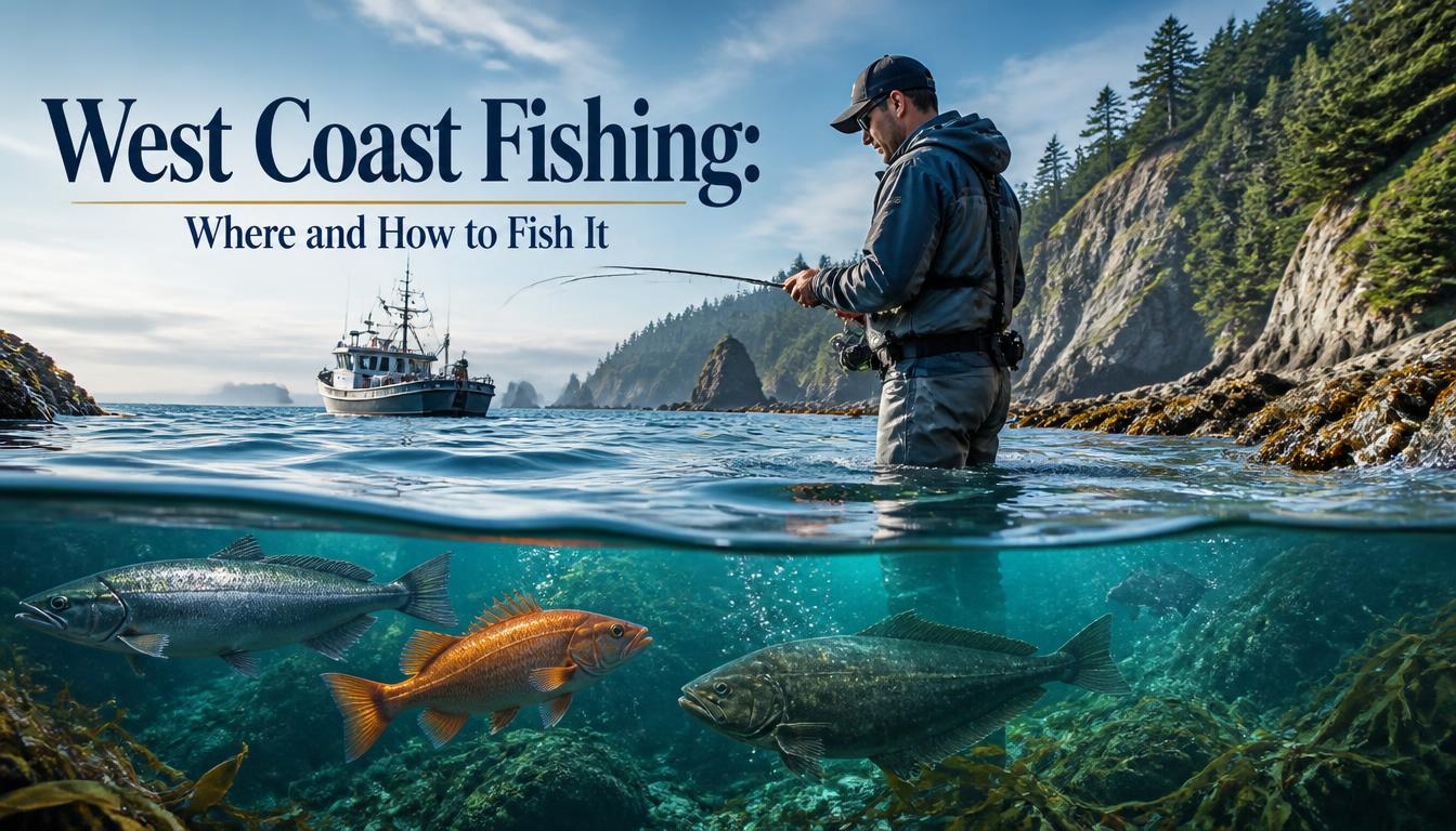 West Coast Fishing: Where and How to Fish It showing an angler fishing along a rugged Pacific coastline, with a fishing boat above the water and salmon, rockfish, and other marine species visible in the underwater ecosystem.