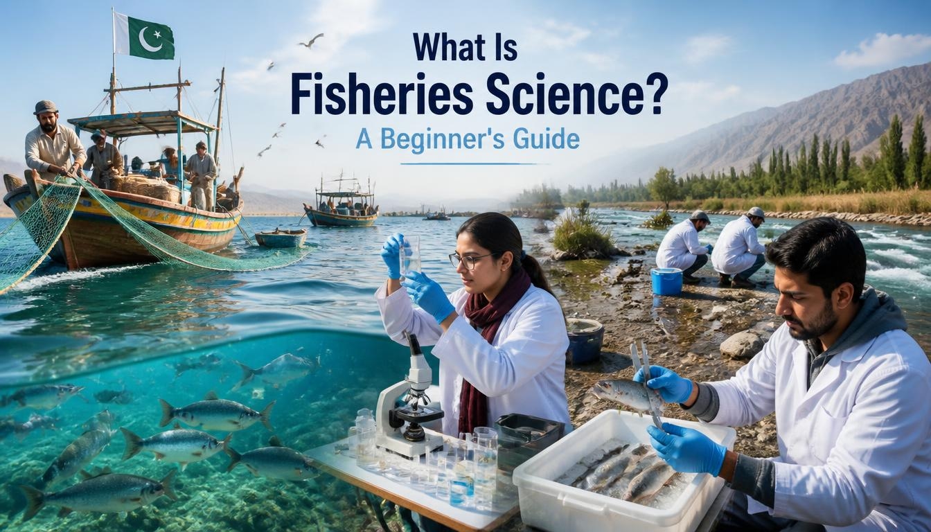 Fisheries scientists examining fish and water samples beside a river while local fishers work from boats, illustrating fisheries science, research, and aquatic resource management.